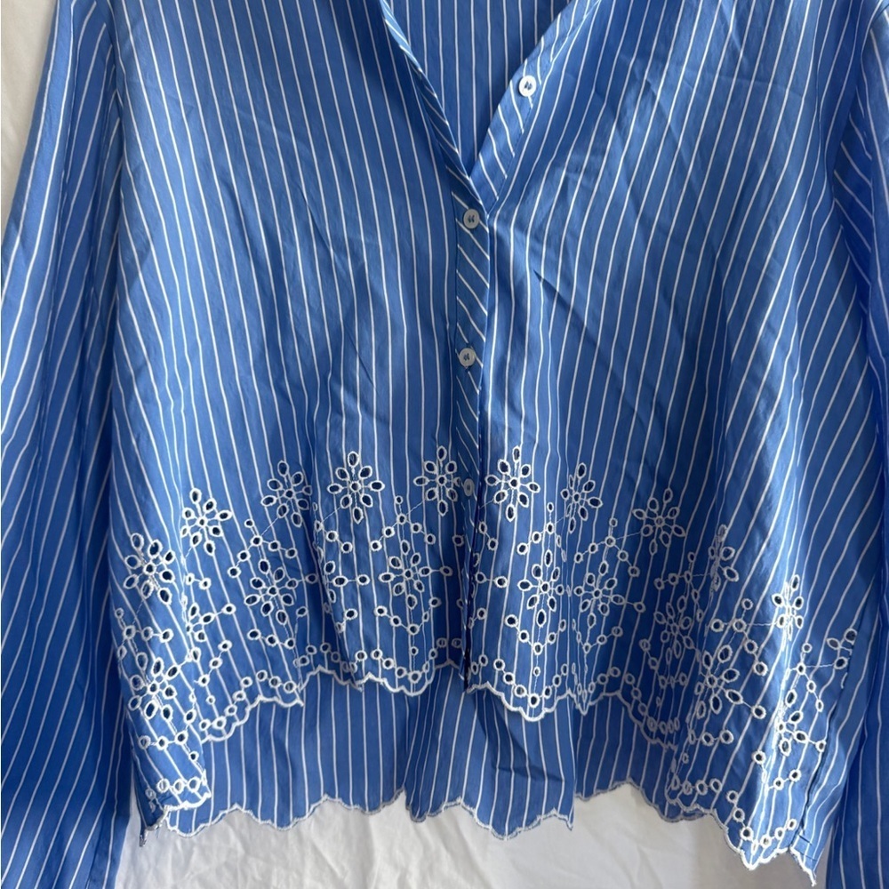 Zara Blue Striped Button Embroidered Lace
Cropped Boyfriend Blouse Size Large - Picture 3 of 11